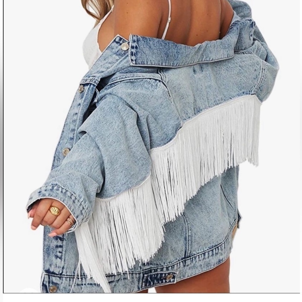 Eliacher Denim Jean Jacket Acid Blue Wash White Fringe Western Oversized Small